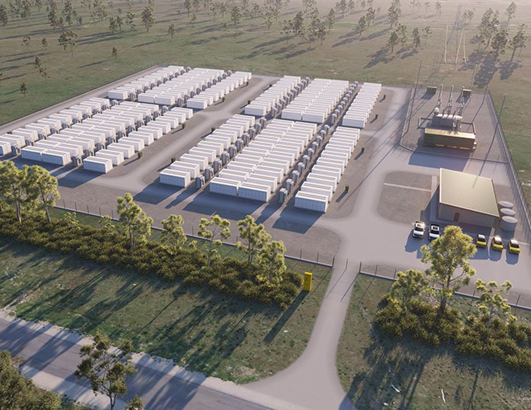 Aerial view of battery energy storage facility with adjacent substation