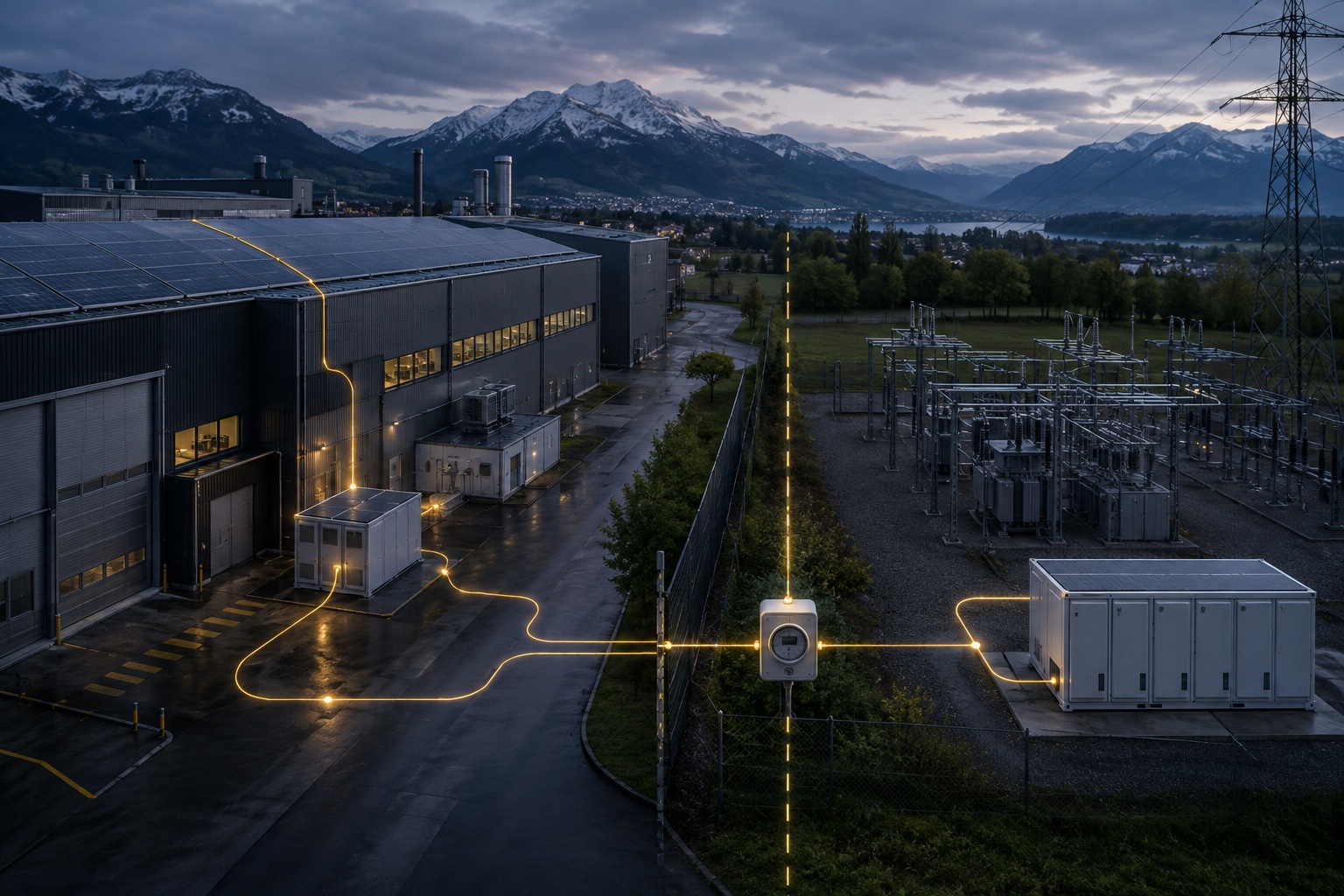 Industrial BESS behind the site meter compared with storage at the adjacent grid node