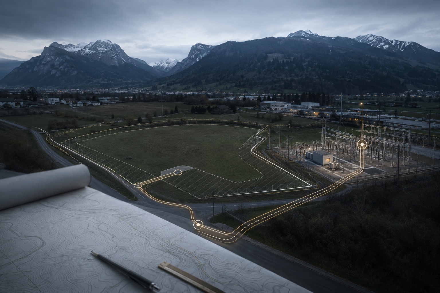 Swiss BESS development study showing parcel, access route, cable corridor and grid node