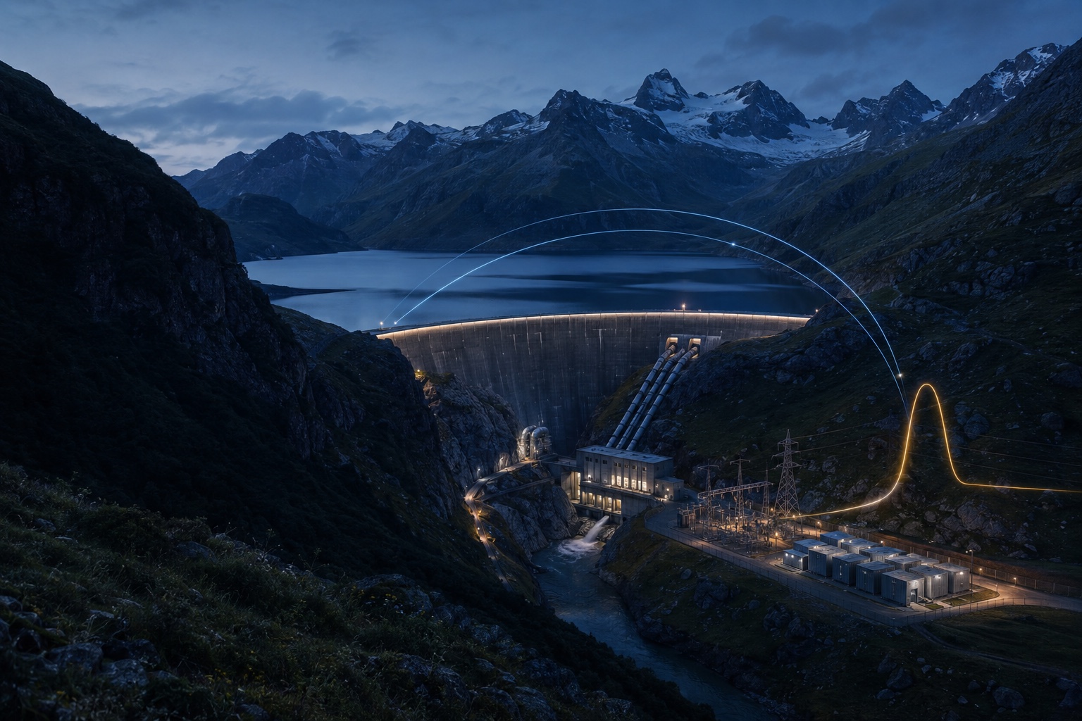 Swiss Alpine hydropower and battery storage linked by contrasting response-time traces