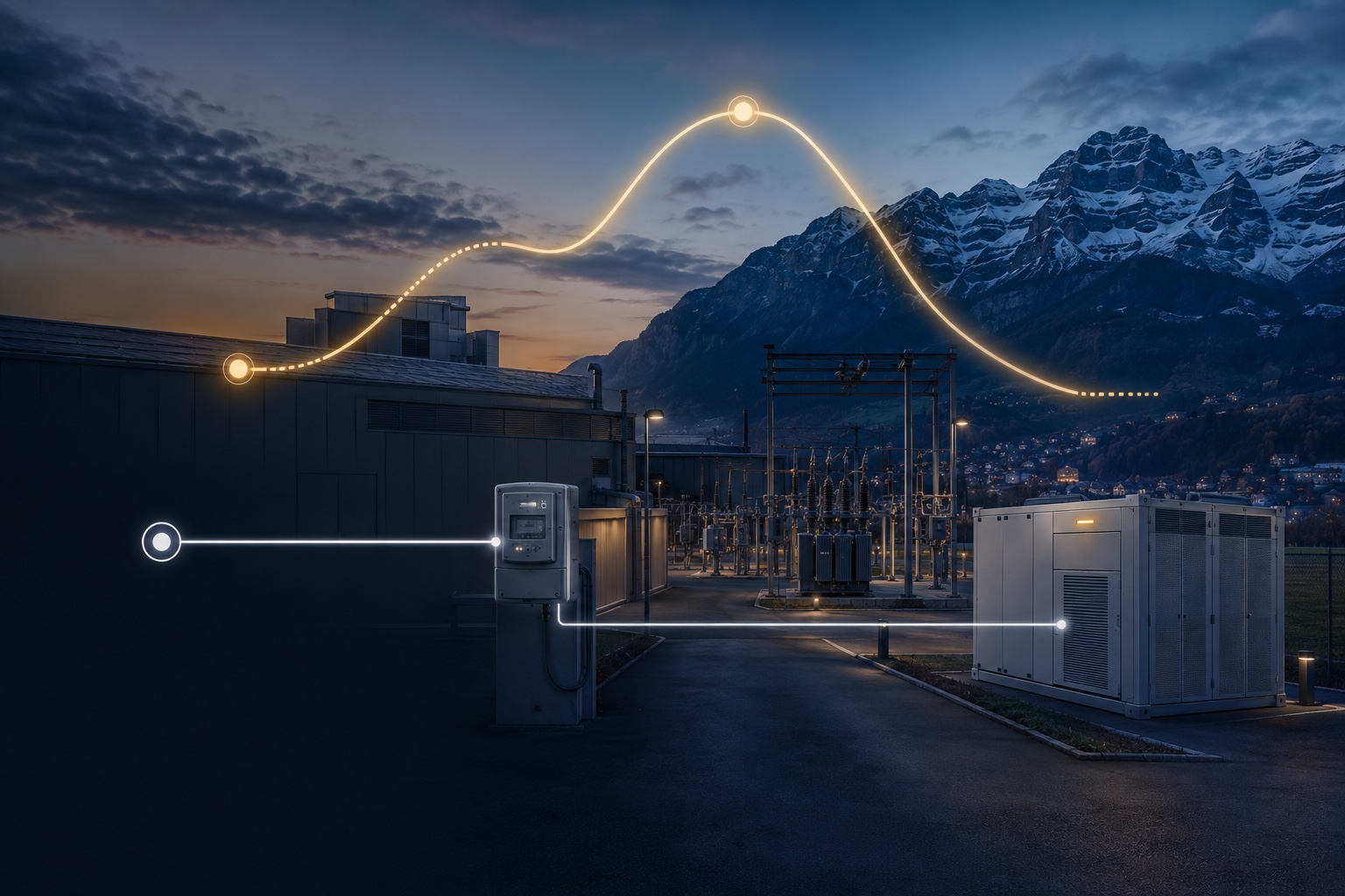 Distinct tariff and control signals connecting a Swiss industrial site, meter and battery