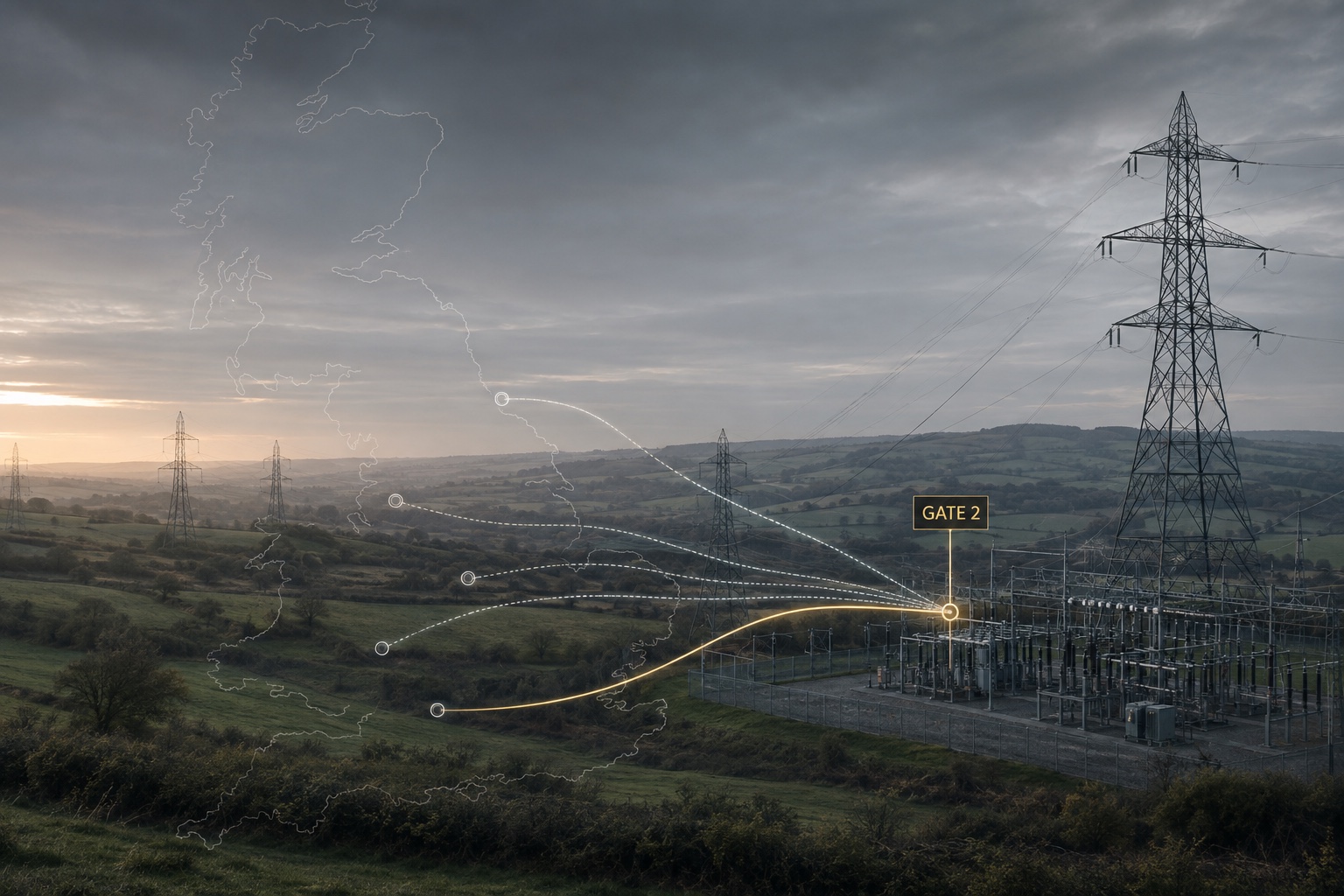 Gate 2 grid-connection routes converging on British transmission infrastructure